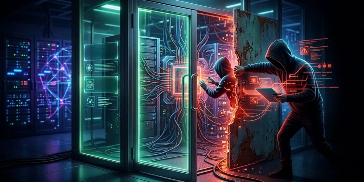 A glowing data-center doorway being breached at the connection layer